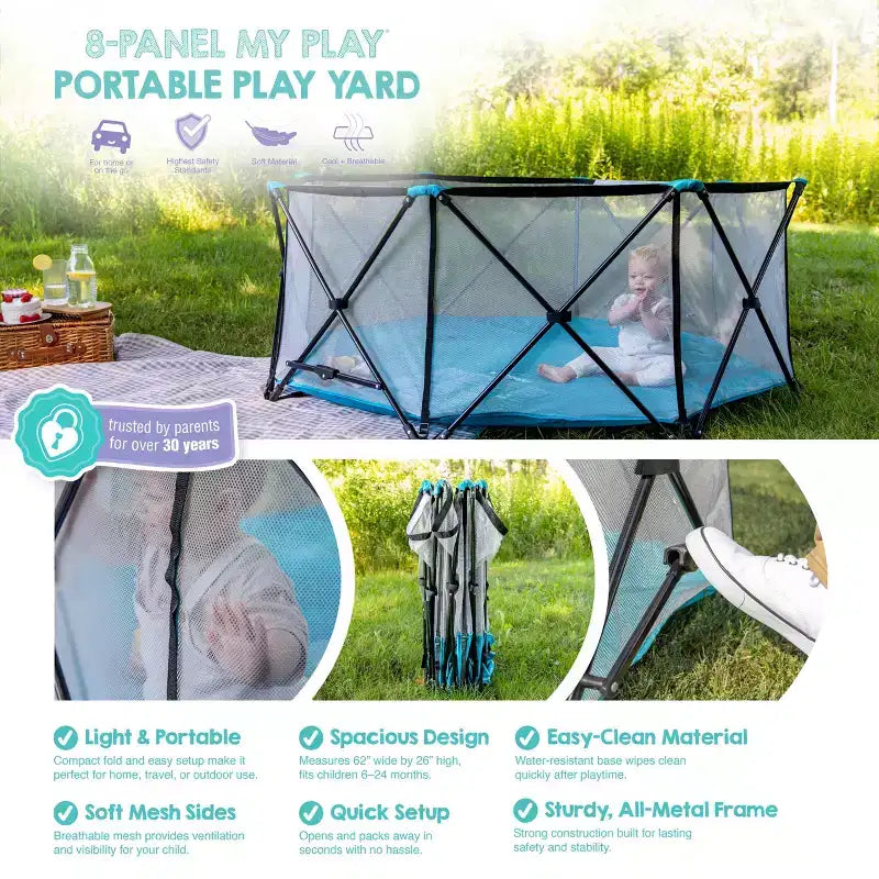 Extra Large Portable Baby Play Yard, 8-Panel, Indoor & Outdoor, Mesh Walls, Aqua Blue, JPMA Certified