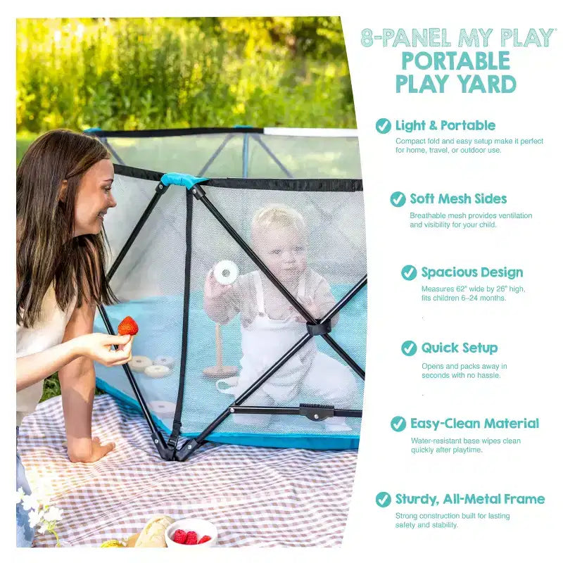Extra Large Portable Baby Play Yard, 8-Panel, Indoor & Outdoor, Mesh Walls, Aqua Blue, JPMA Certified