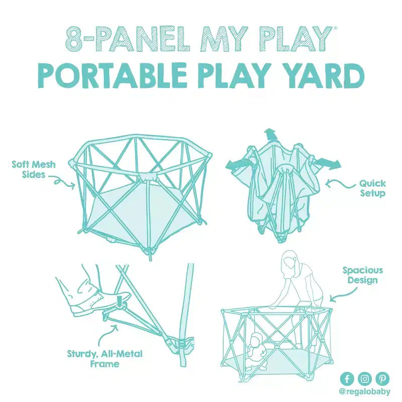 Extra Large Portable Baby Play Yard, 8-Panel, Indoor & Outdoor, Mesh Walls, Aqua Blue, JPMA Certified