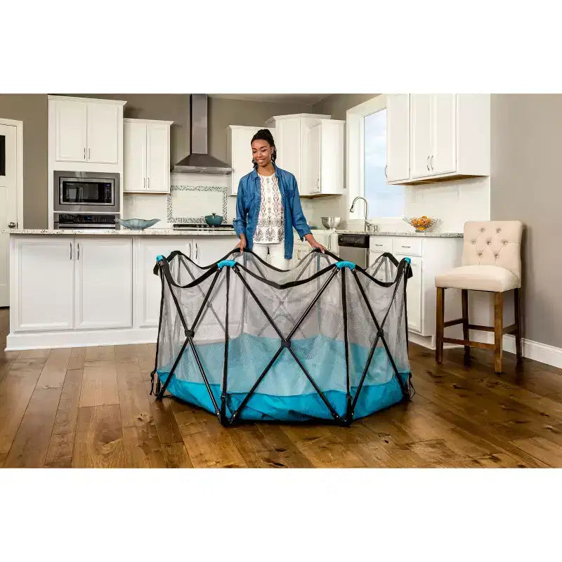 Extra Large Portable Baby Play Yard, 8-Panel, Indoor & Outdoor, Mesh Walls, Aqua Blue, JPMA Certified