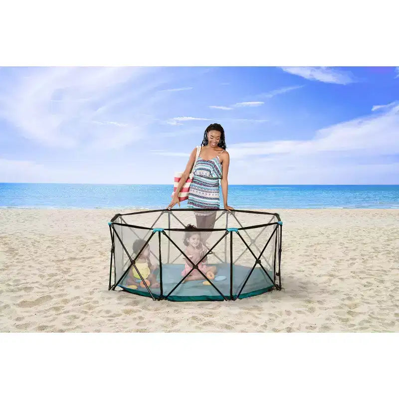 Extra Large Portable Baby Play Yard, 8-Panel, Indoor & Outdoor, Mesh Walls, Aqua Blue, JPMA Certified
