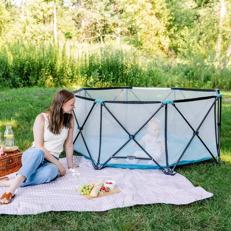 Extra Large Portable Baby Play Yard, 8-Panel, Indoor & Outdoor, Mesh Walls, Aqua Blue, JPMA Certified