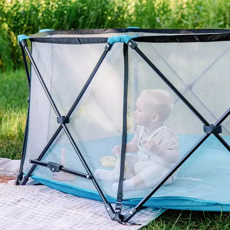 Extra Large Portable Baby Play Yard, 8-Panel, Indoor & Outdoor, Mesh Walls, Aqua Blue, JPMA Certified