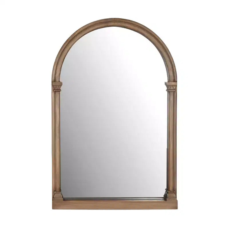 36" Traditional Arched Wall Mirror, Solid Fir Wood Frame, Brown, Wall Mount, Moisture-Resistant Backing