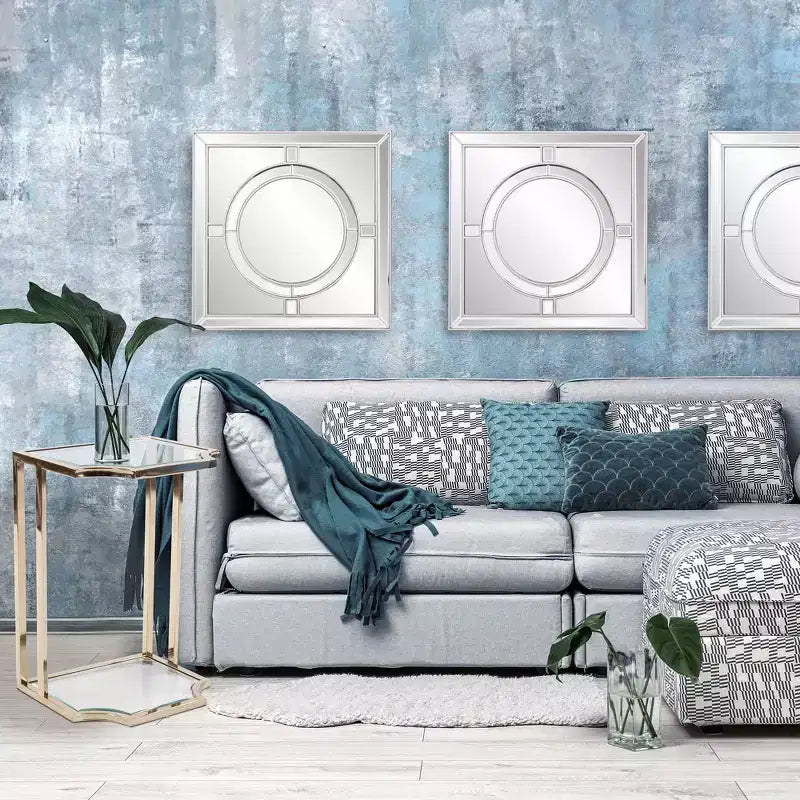 20x20" Square Wall Mirror, Champagne Silver Leaf Wood Frame, Windowpane Design, Art Deco, No Assembly