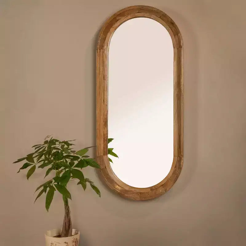 47" Oval Wall Mirror, Natural Mango Wood Frame, Wall Mount, Vertical Hang, No Assembly Required