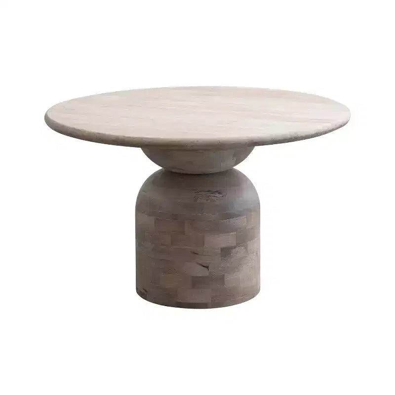 47" Round Mango Wood Dining Table, Whitewashed Finish, Pedestal Base, Seats 4, 29.5" Height