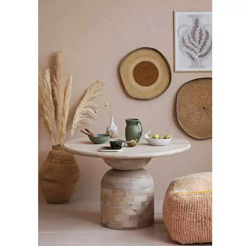 47" Round Mango Wood Dining Table, Whitewashed Finish, Pedestal Base, Seats 4, 29.5" Height