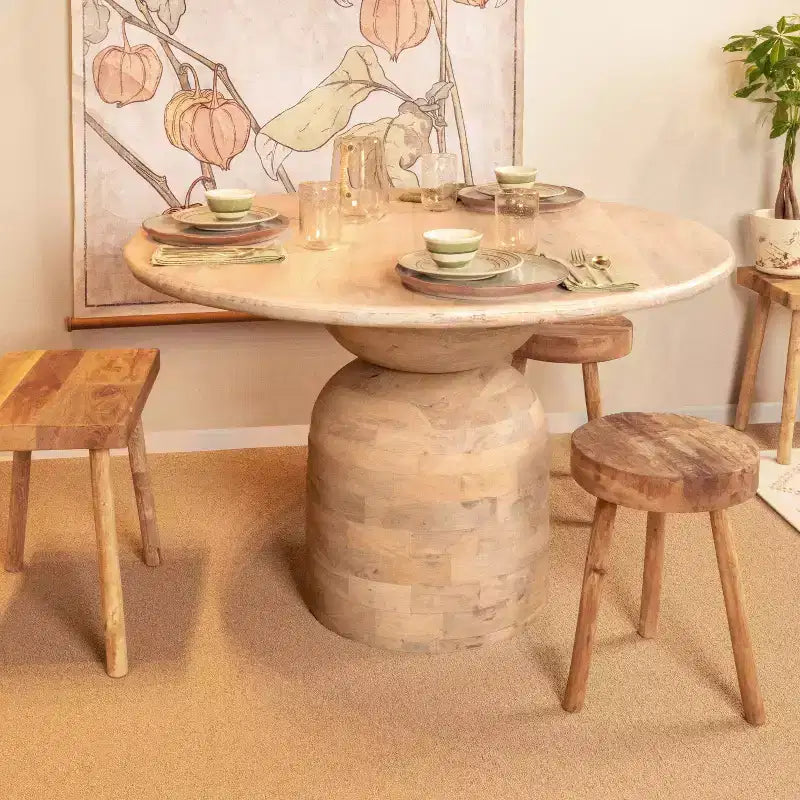 47" Round Mango Wood Dining Table, Whitewashed Finish, Pedestal Base, Seats 4, 29.5" Height