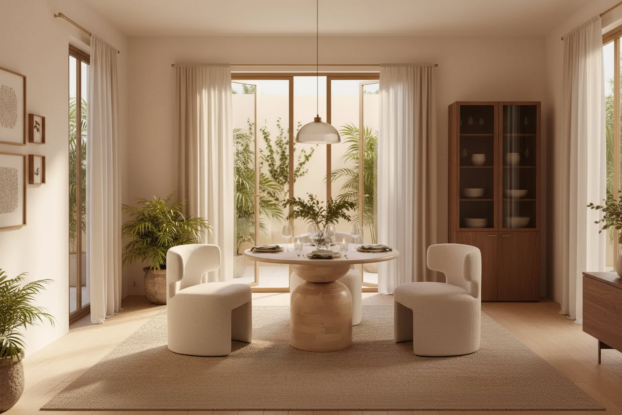 47" Round Mango Wood Dining Table, Whitewashed Finish, Pedestal Base, Seats 4, 29.5" Height