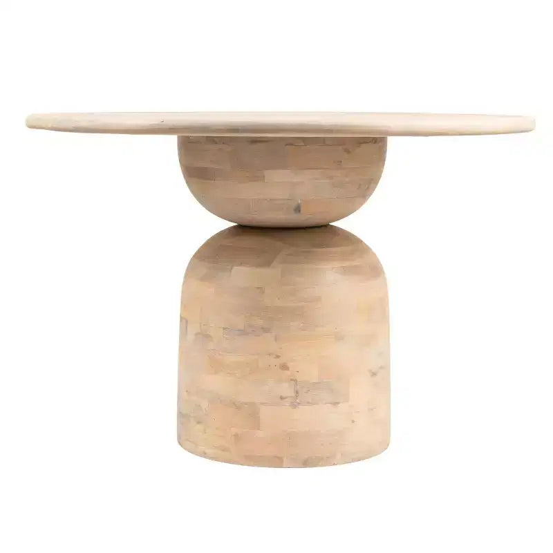 47" Round Mango Wood Dining Table, Whitewashed Finish, Pedestal Base, Seats 4, 29.5" Height