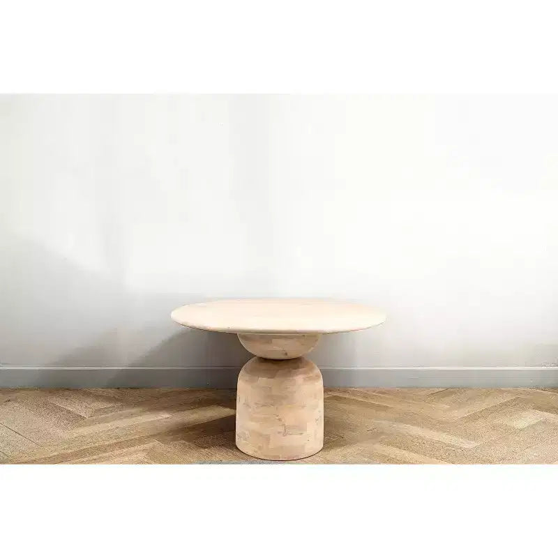 47" Round Mango Wood Dining Table, Whitewashed Finish, Pedestal Base, Seats 4, 29.5" Height