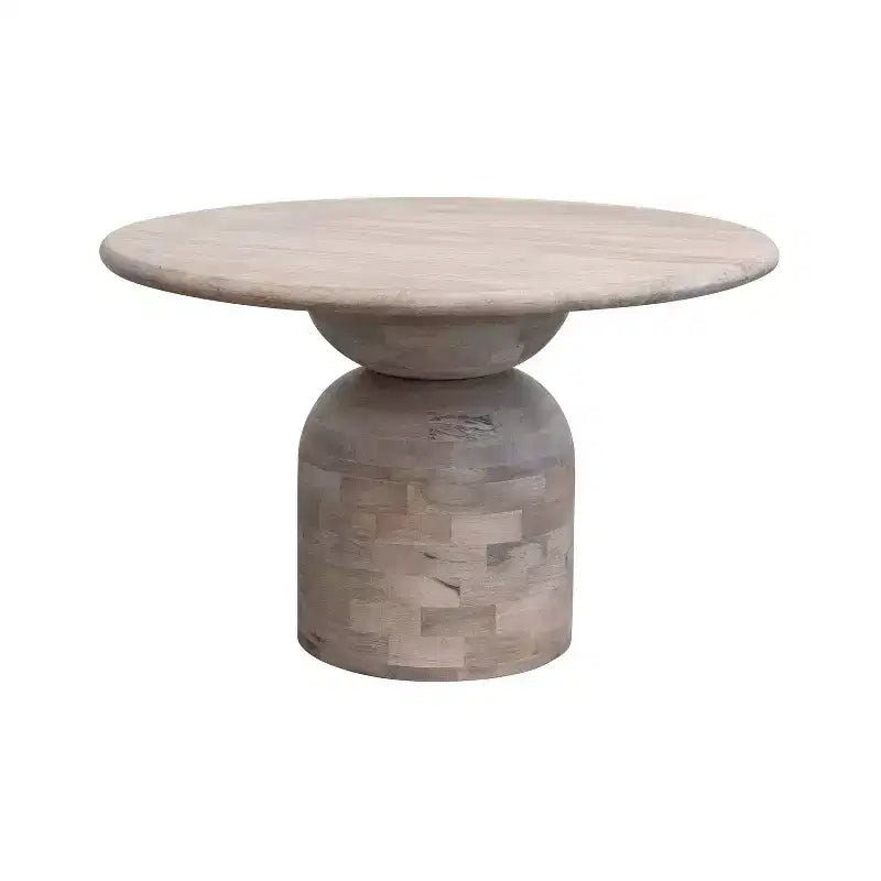 47" Round Mango Wood Dining Table, Whitewashed Finish, Pedestal Base, Seats 4, 29.5" Height