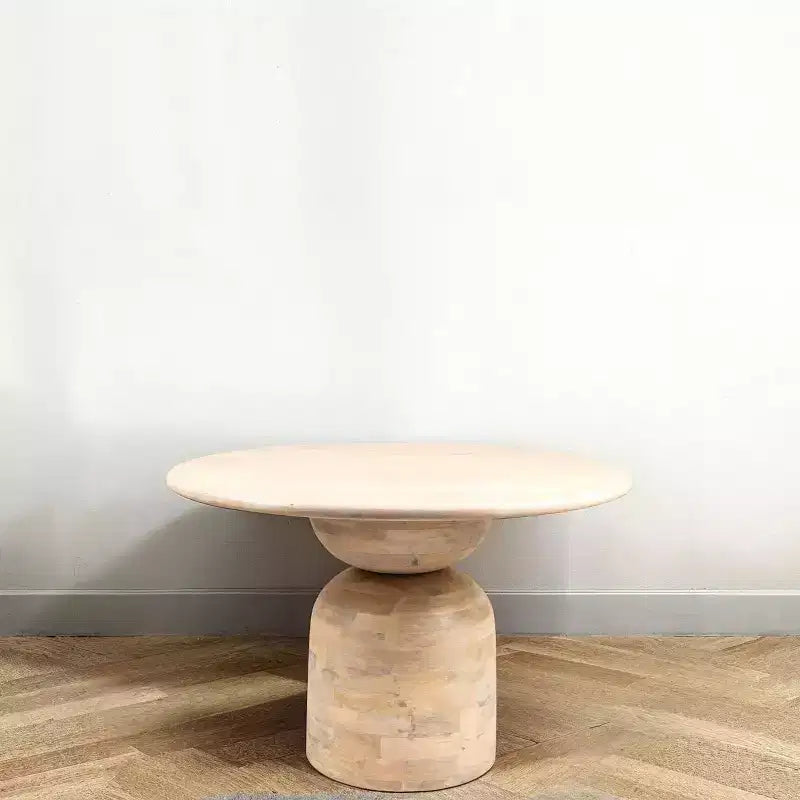 47" Round Mango Wood Dining Table, Whitewashed Finish, Pedestal Base, Seats 4, 29.5" Height