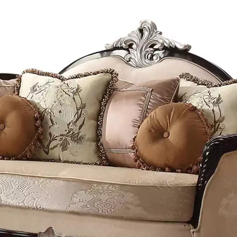 75" Traditional Sofa, Tan Fabric, Black Wood Legs, Pocket Coil Seating, 3 Accent Pillows Included