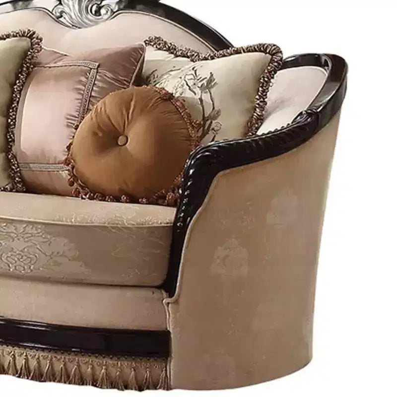 75" Traditional Sofa, Tan Fabric, Black Wood Legs, Pocket Coil Seating, 3 Accent Pillows Included