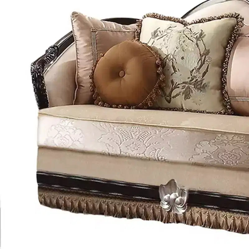 75" Traditional Sofa, Tan Fabric, Black Wood Legs, Pocket Coil Seating, 3 Accent Pillows Included