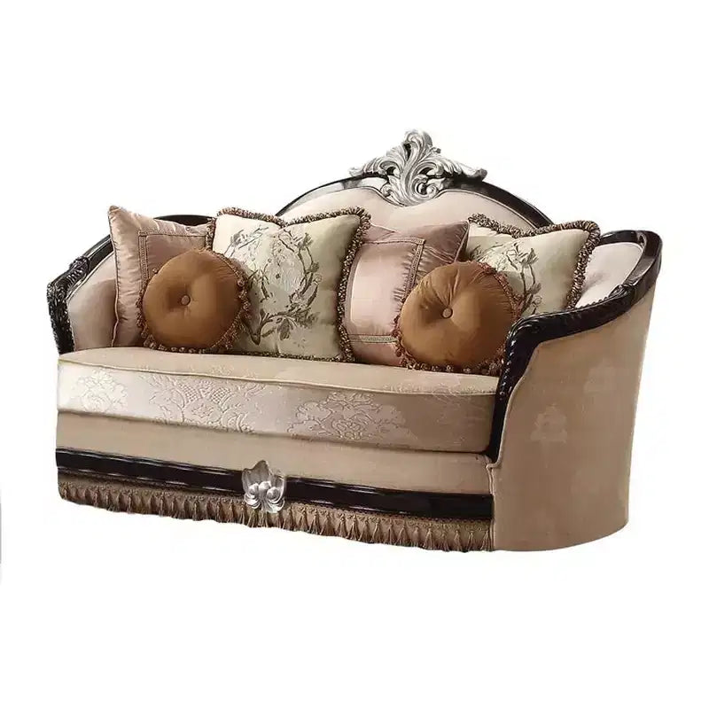75" Traditional Sofa, Tan Fabric, Black Wood Legs, Pocket Coil Seating, 3 Accent Pillows Included