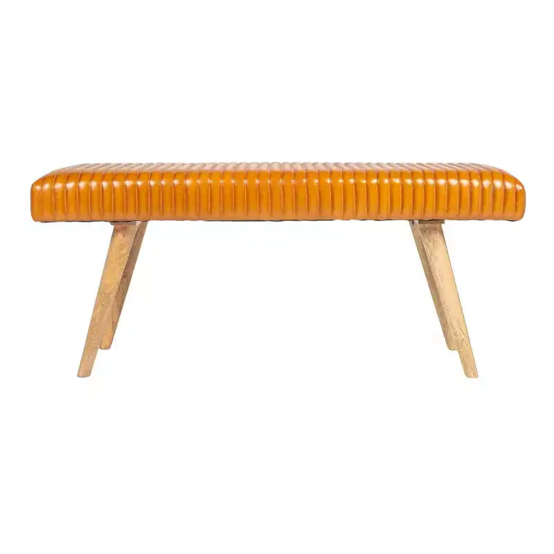 46" Leather Grid Bench, Mango Wood Frame, Foam Padded Seat, 440 lb Capacity, Natural Finish