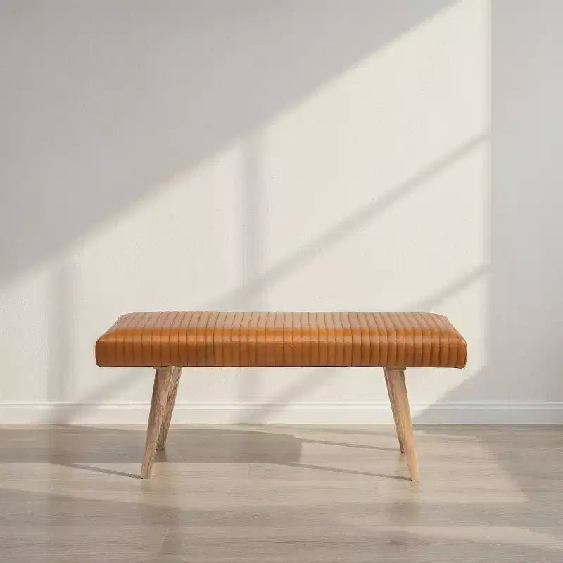 46" Leather Grid Bench, Mango Wood Frame, Foam Padded Seat, 440 lb Capacity, Natural Finish