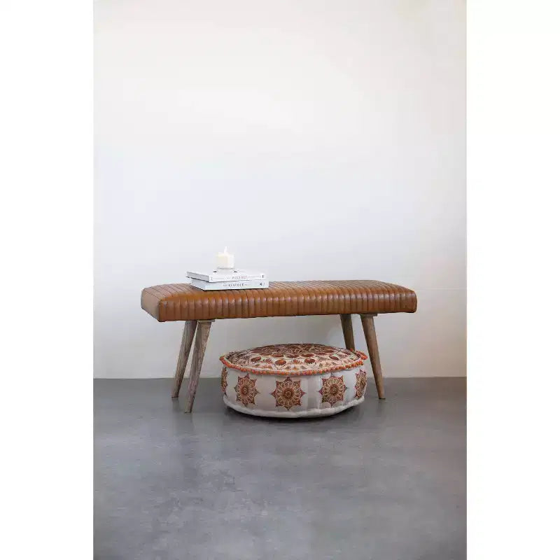 46" Leather Grid Bench, Mango Wood Frame, Foam Padded Seat, 440 lb Capacity, Natural Finish