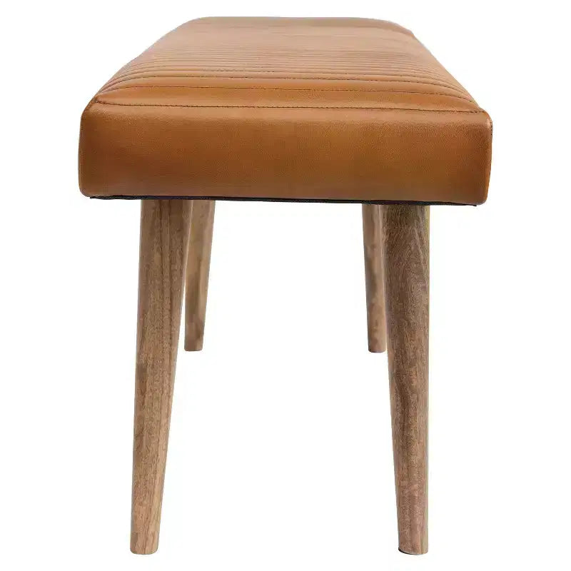 46" Leather Grid Bench, Mango Wood Frame, Foam Padded Seat, 440 lb Capacity, Natural Finish