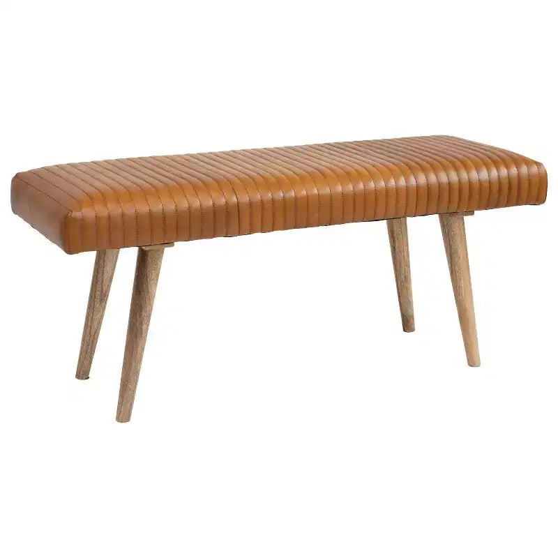 46" Leather Grid Bench, Mango Wood Frame, Foam Padded Seat, 440 lb Capacity, Natural Finish