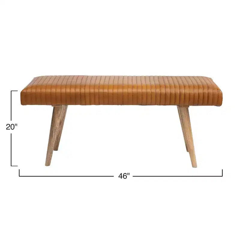 46" Leather Grid Bench, Mango Wood Frame, Foam Padded Seat, 440 lb Capacity, Natural Finish