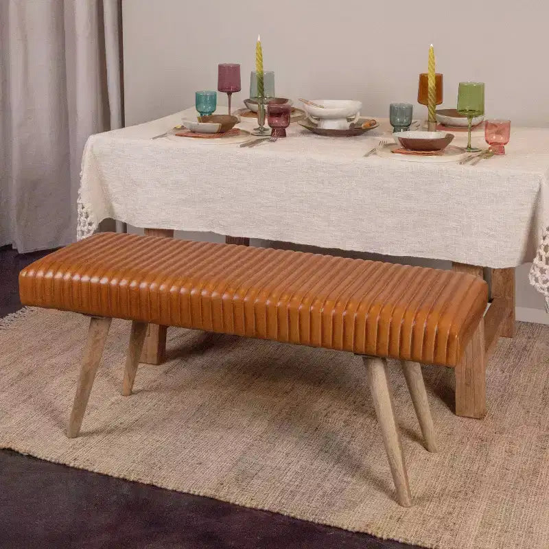 46" Leather Grid Bench, Mango Wood Frame, Foam Padded Seat, 440 lb Capacity, Natural Finish