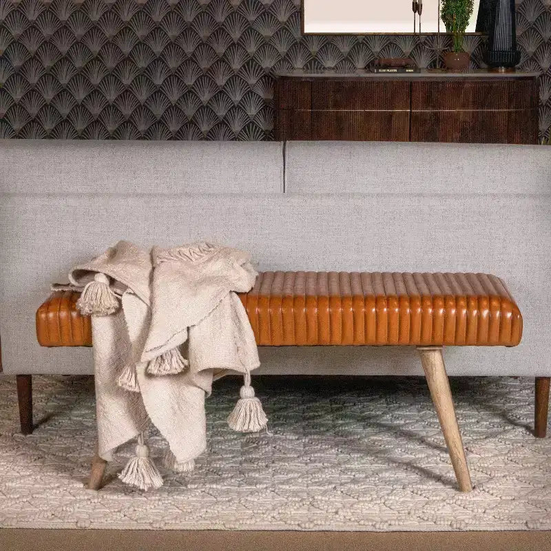 46" Leather Grid Bench, Mango Wood Frame, Foam Padded Seat, 440 lb Capacity, Natural Finish