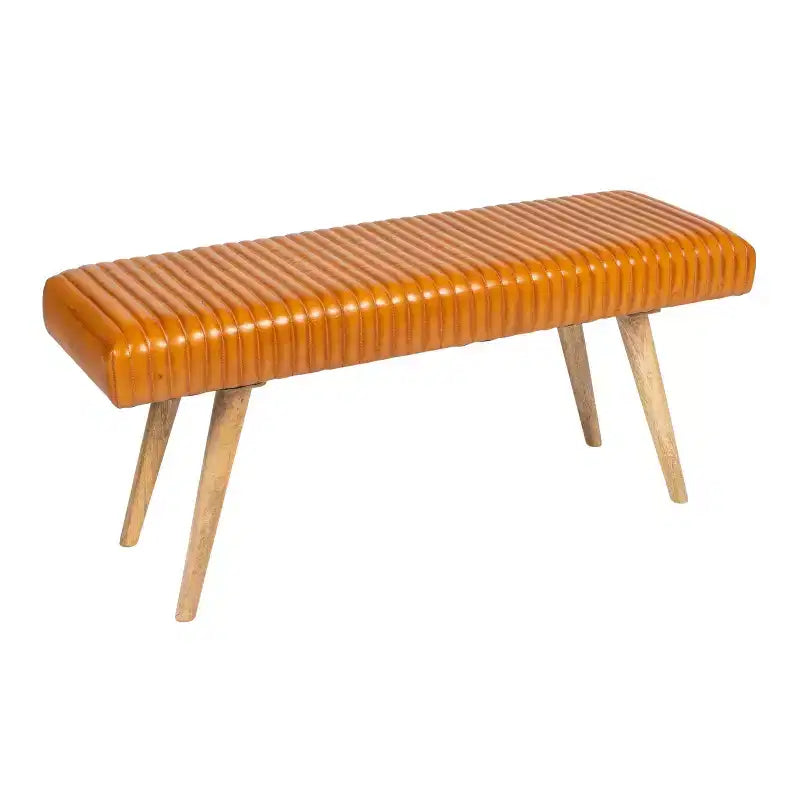 46" Leather Grid Bench, Mango Wood Frame, Foam Padded Seat, 440 lb Capacity, Natural Finish