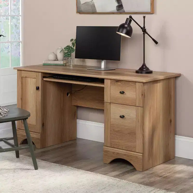 59" Computer Desk, Timber Oak, Slide-Out Keyboard Shelf, 2 Drawers, File Cabinet, MDF Frame