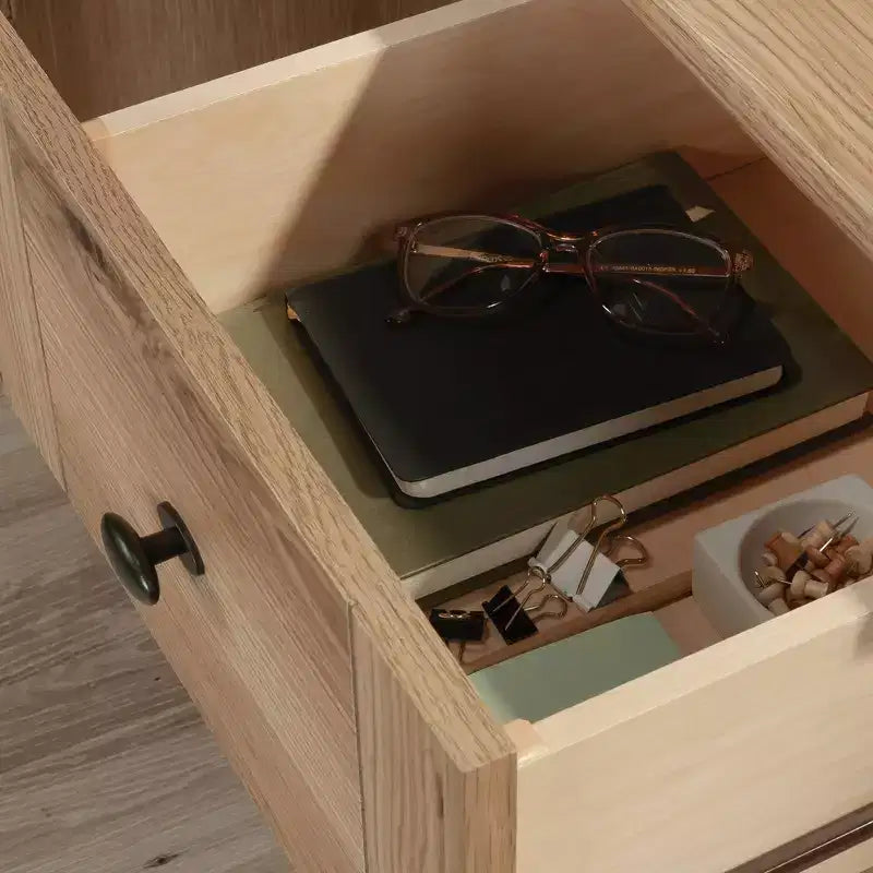 59" Computer Desk, Timber Oak, Slide-Out Keyboard Shelf, 2 Drawers, File Cabinet, MDF Frame