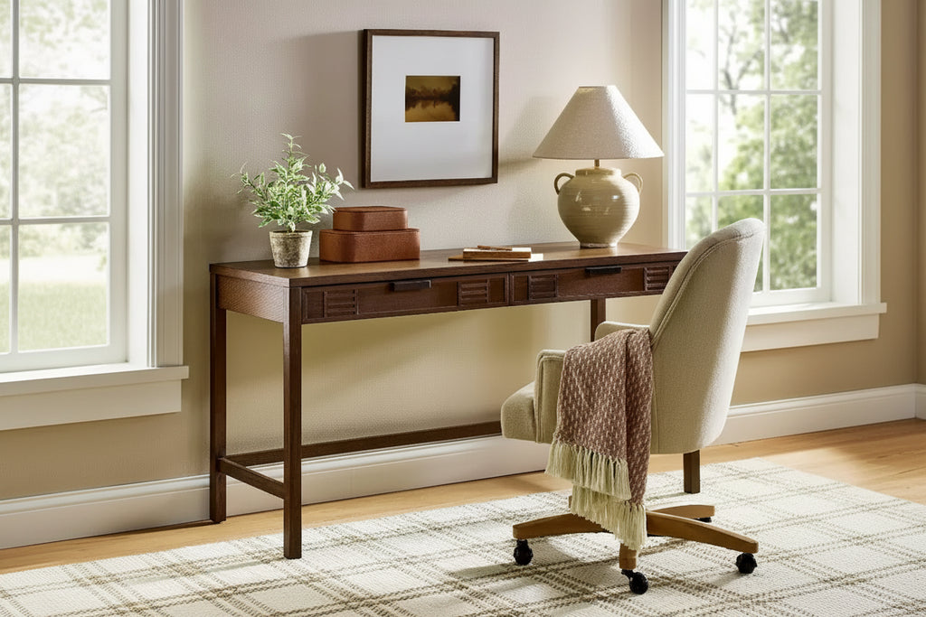 60" Rectangular Wood Desk with 2 Drawers, Brown Veneer, Metal Handles, Anti-Tip Anchor