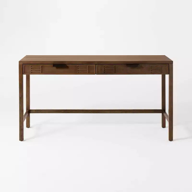 60" Rectangular Wood Desk with 2 Drawers, Brown Veneer, Metal Handles, Anti-Tip Anchor