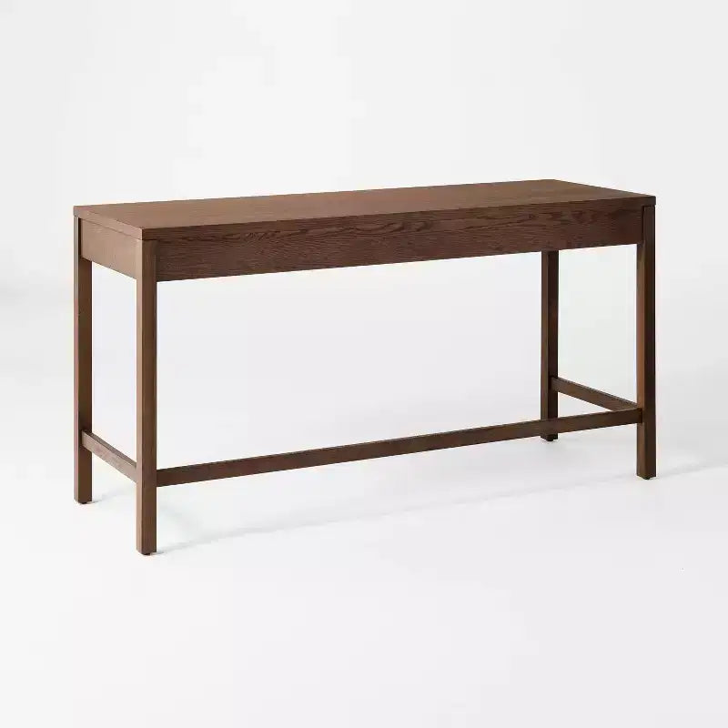 60" Rectangular Wood Desk with 2 Drawers, Brown Veneer, Metal Handles, Anti-Tip Anchor
