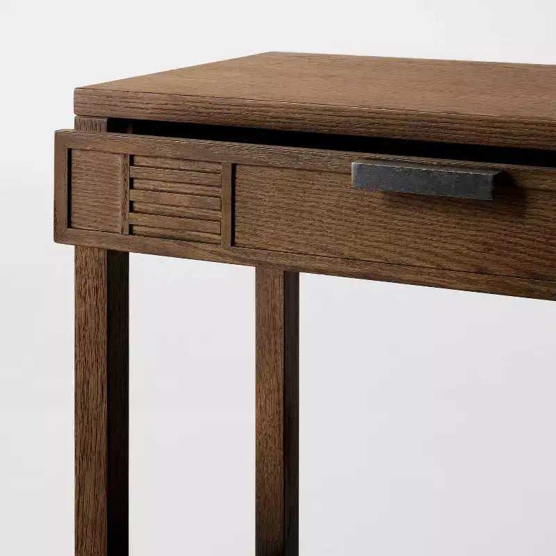 60" Rectangular Wood Desk with 2 Drawers, Brown Veneer, Metal Handles, Anti-Tip Anchor