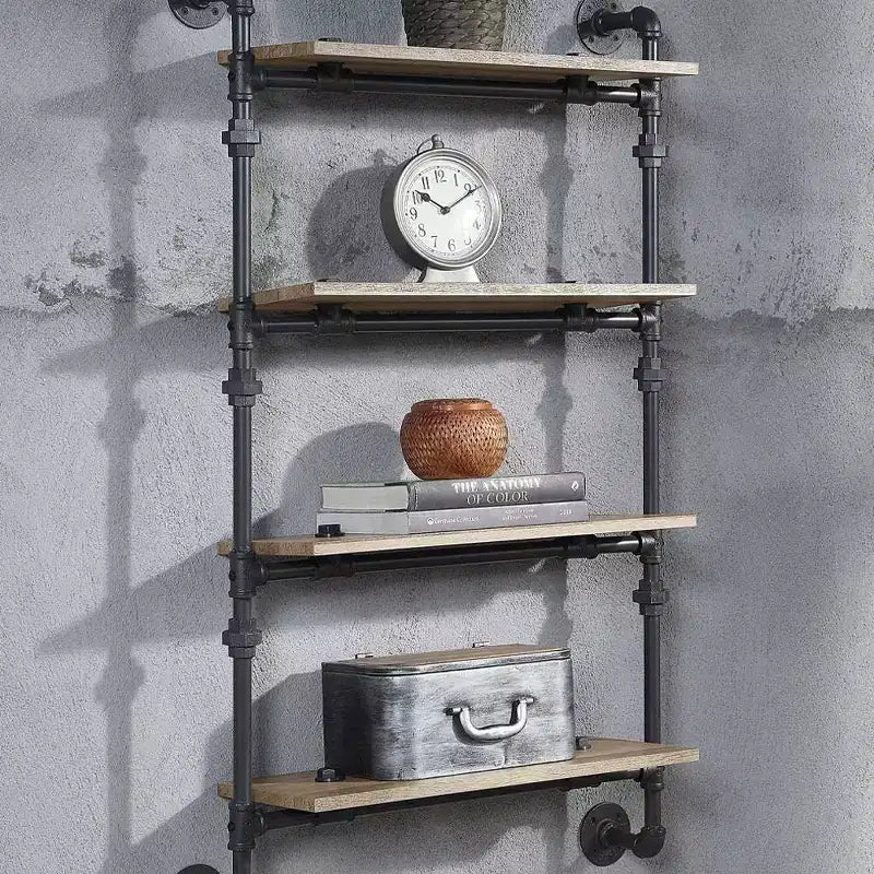 47" Wall Bookshelf with 4 Shelves, Oak & Sandy Black Metal Frame, Open Back, 20 lb per Shelf