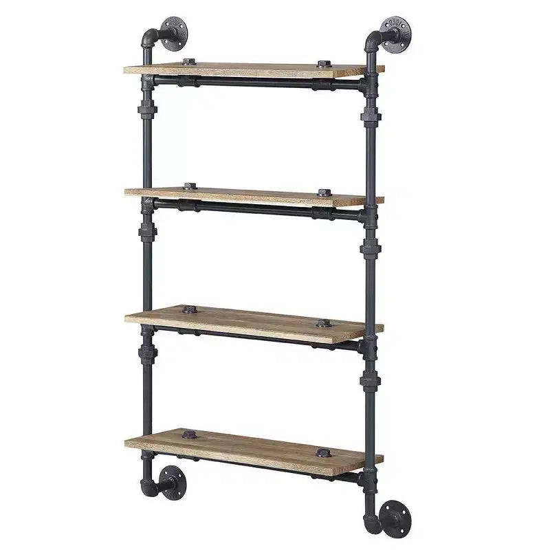 47" Wall Bookshelf with 4 Shelves, Oak & Sandy Black Metal Frame, Open Back, 20 lb per Shelf