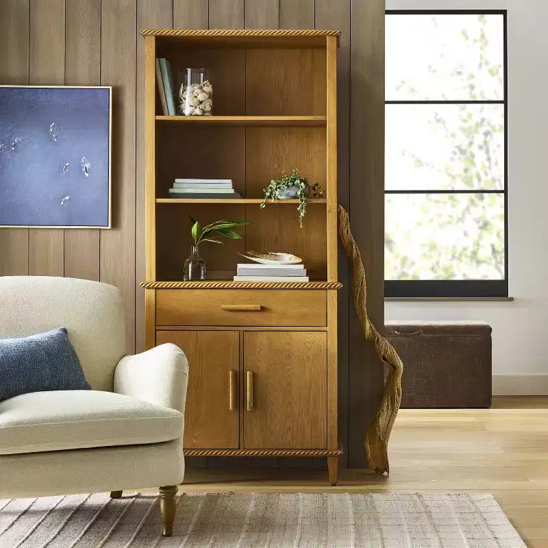 72" Bookshelf with 2 Shelves, Drawer & 2-Door Cabinet, Oak Brown, Wood Veneer, Anti-Tip Anchor