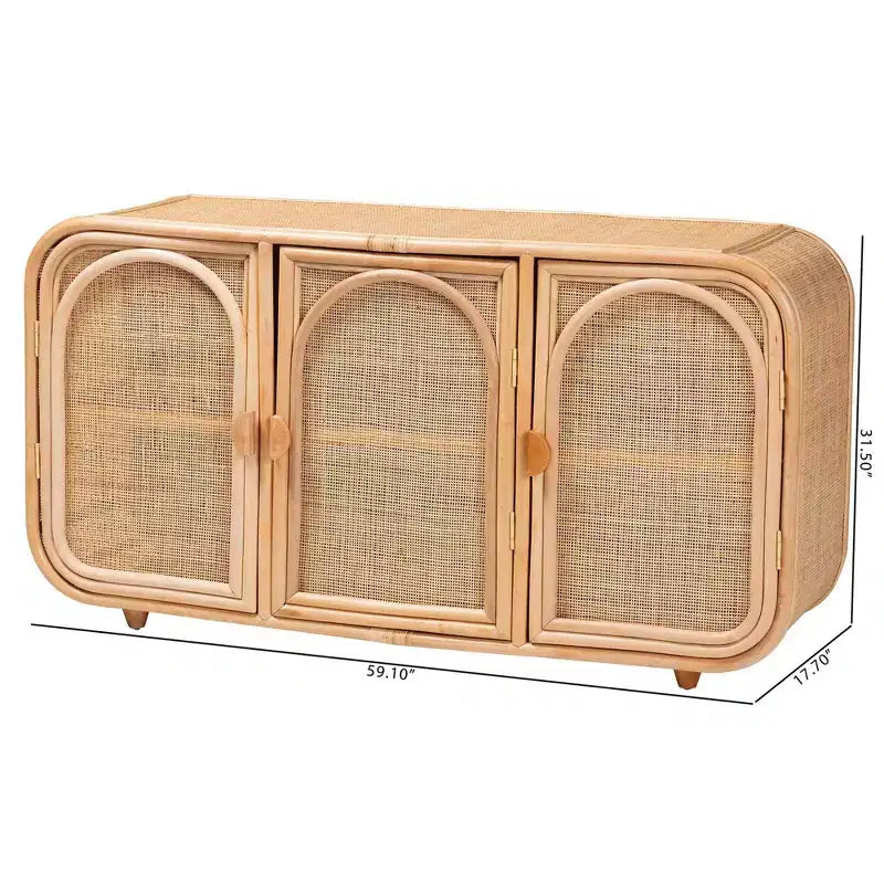 59" Natural Rattan 3-Door Storage Cabinet, 2 Interior Shelves, Mahogany Wood Frame, Fully Assembled