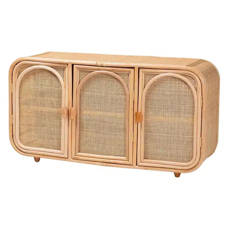 59" Natural Rattan 3-Door Storage Cabinet, 2 Interior Shelves, Mahogany Wood Frame, Fully Assembled