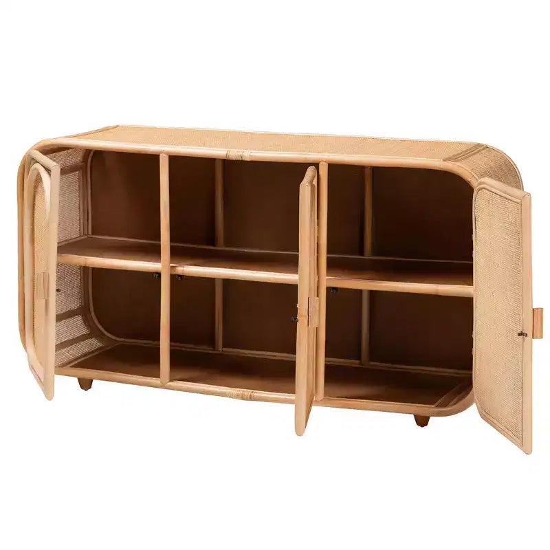 59" Natural Rattan 3-Door Storage Cabinet, 2 Interior Shelves, Mahogany Wood Frame, Fully Assembled