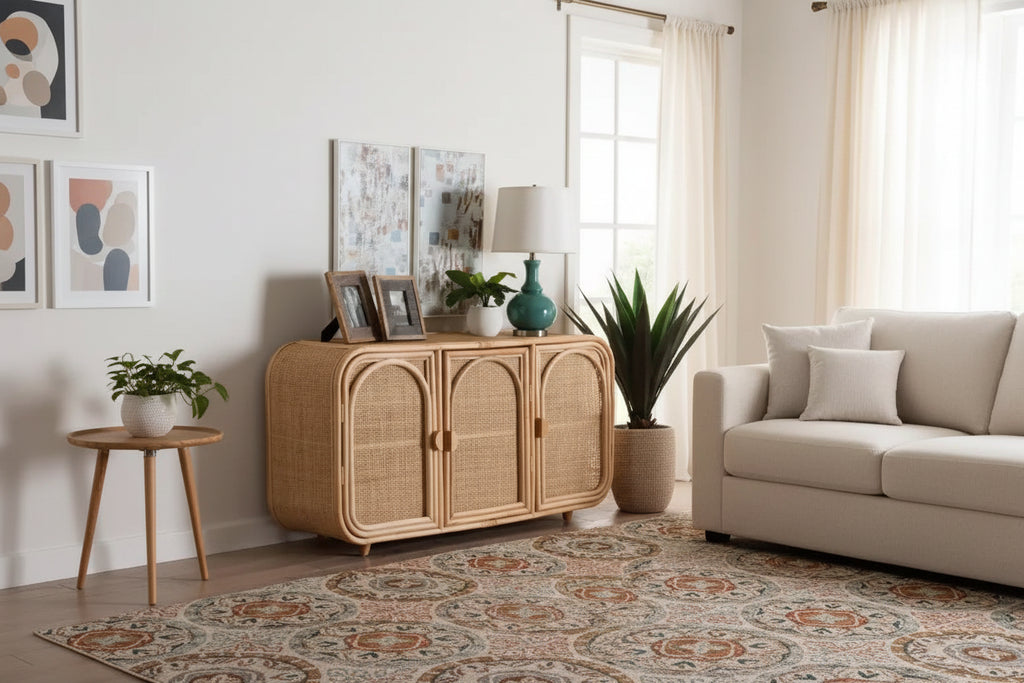 59" Natural Rattan 3-Door Storage Cabinet, 2 Interior Shelves, Mahogany Wood Frame, Fully Assembled