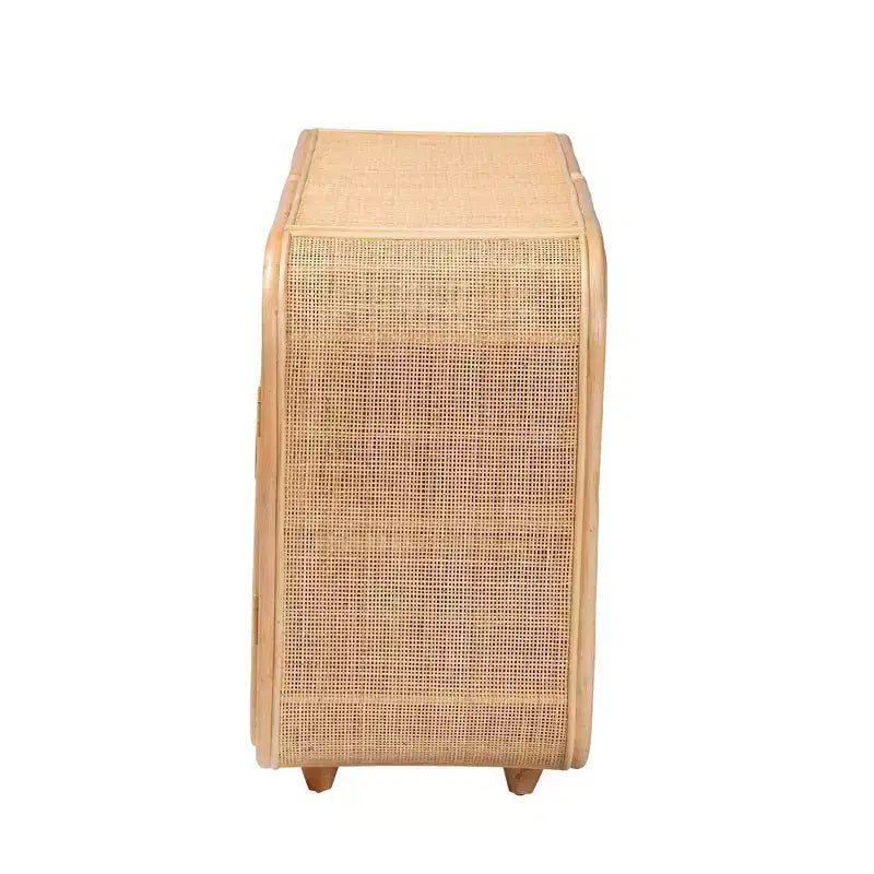 59" Natural Rattan 3-Door Storage Cabinet, 2 Interior Shelves, Mahogany Wood Frame, Fully Assembled