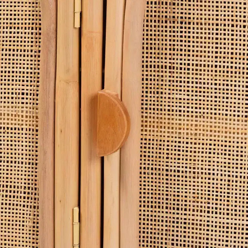 59" Natural Rattan 3-Door Storage Cabinet, 2 Interior Shelves, Mahogany Wood Frame, Fully Assembled