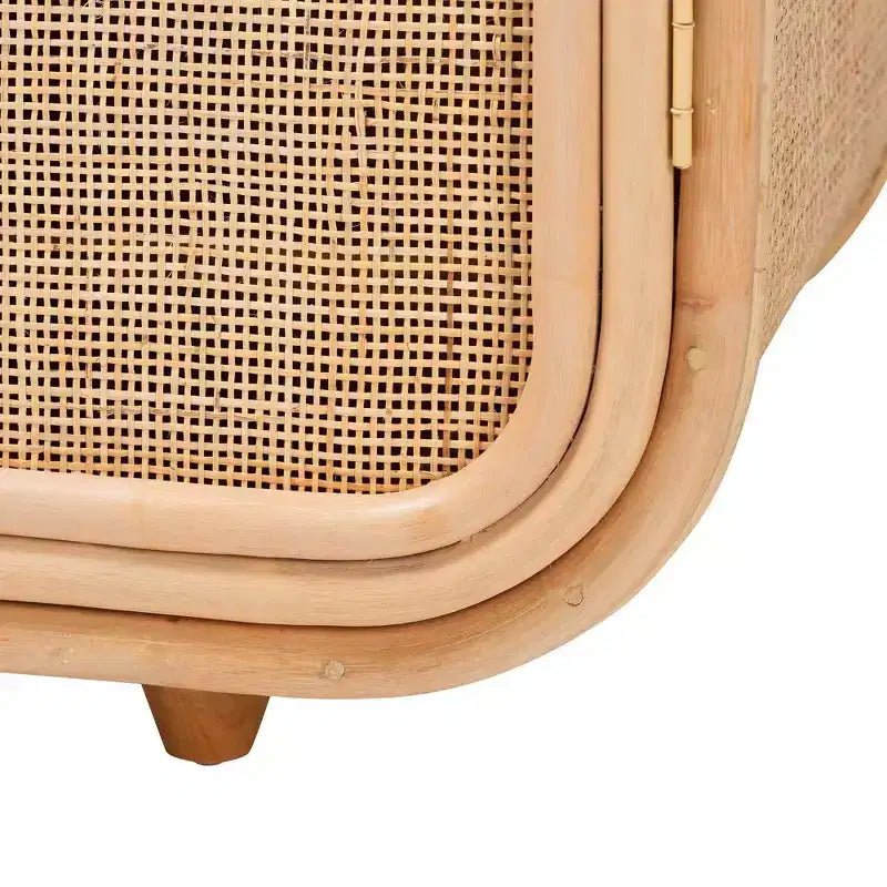 59" Natural Rattan 3-Door Storage Cabinet, 2 Interior Shelves, Mahogany Wood Frame, Fully Assembled