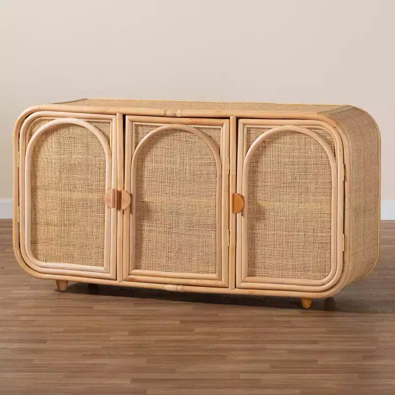 59" Natural Rattan 3-Door Storage Cabinet, 2 Interior Shelves, Mahogany Wood Frame, Fully Assembled