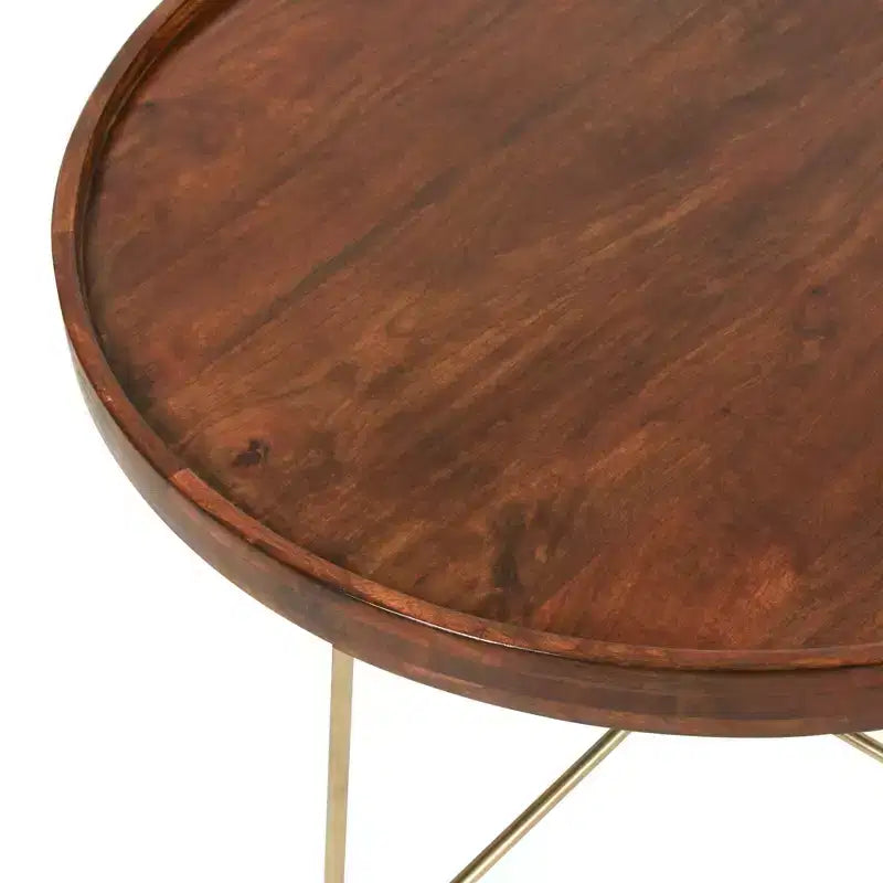 32" Round Coffee Table, Mango Wood Top, Criss-Cross Brass Base, Natural/Gold, No Assembly
