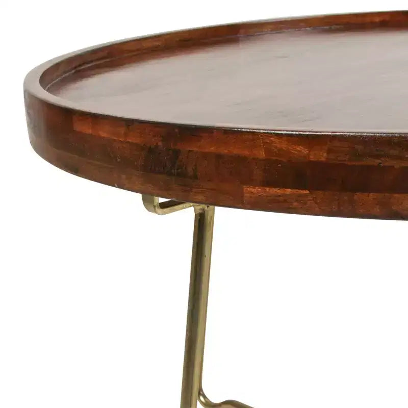 32" Round Coffee Table, Mango Wood Top, Criss-Cross Brass Base, Natural/Gold, No Assembly